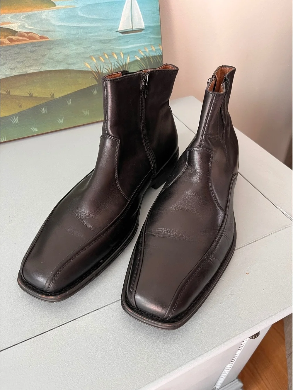 Johnston & Murphy Men's Leather Dress Ankle Boots Side-Zip Square Toe Size 9